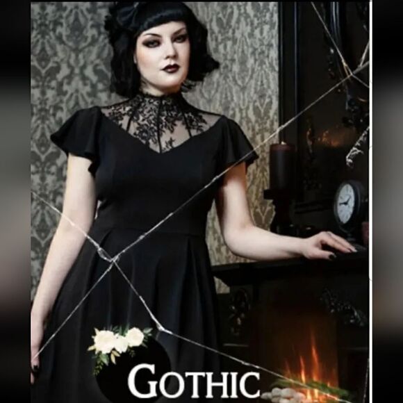 NWT Scarlet Darkness  Gothic Flutter Sleeve Lace Neck A-Line Dress Sz-22W - Picture 1 of 12